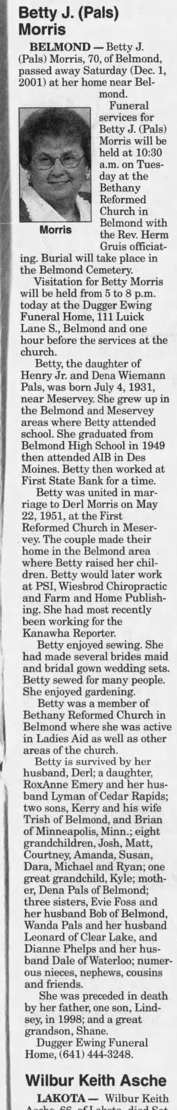 Obituary for Betty J. Morris, 1931-2001 (Aged 70)